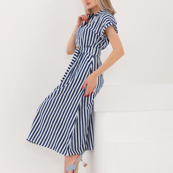 Beli Kemerli Düğmeli Uzun Elbise